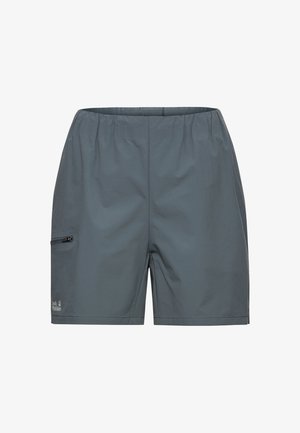 Grijze korte broek gemaakt van lichtgewicht stof, met een elastische tailleband, een zijritszak en een subtiel logo op het onderste linkerbeen.