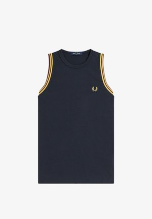 Ærmeløs mørkeblå top med gule dobbelte striber på ærmegabene og lille gul laurbærkrans-logo på venstre bryst.