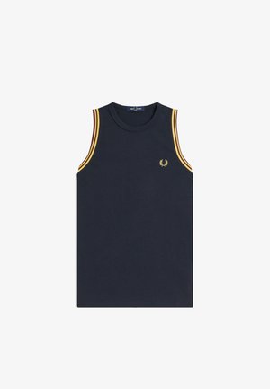 Ærmeløs mørkeblå top med gule dobbelte striber på ærmegabene og lille gul laurbærkrans-logo på venstre bryst.