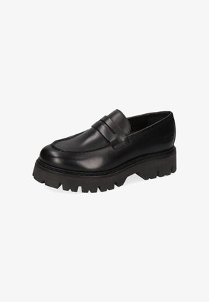 Black leather loafer with textured surface, featuring a wide, ridged rubber sole with deep treads and a contrasting stitch detail.
