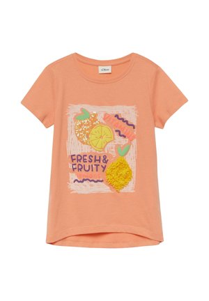 Pfirsichfarbenes T-Shirt mit kurzen Ärmeln, Zitronengrafiken, Pailletten, strukturiertem Stoff und den Aufdrucken „Fresh & Fruity lemons“ und „Vitamin“ vorne.