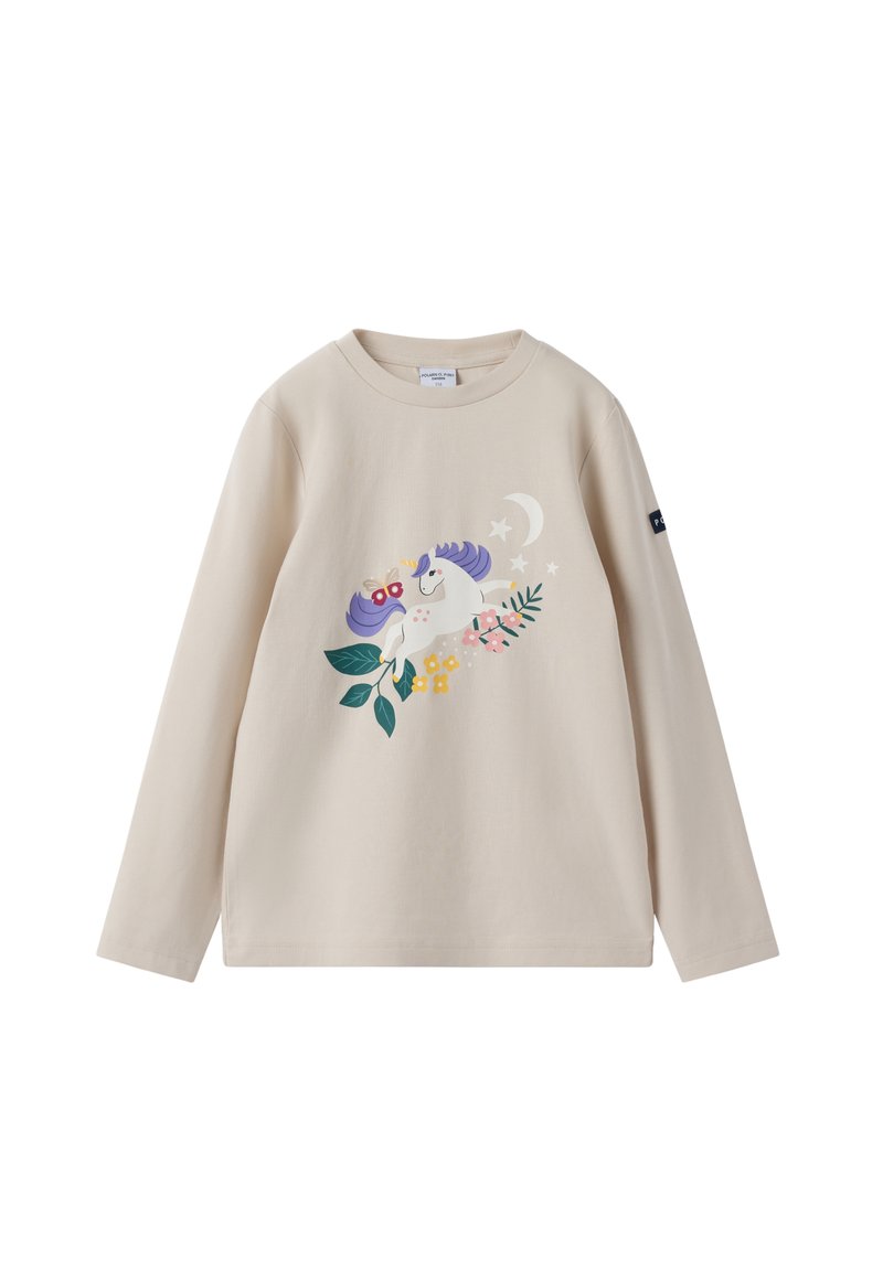 Beige shirt met lange mouwen met een afbeelding van een eenhoorn met een paarse manen, vlinders, bloemen, bladeren, sterren en een halve maan aan de voorkant.