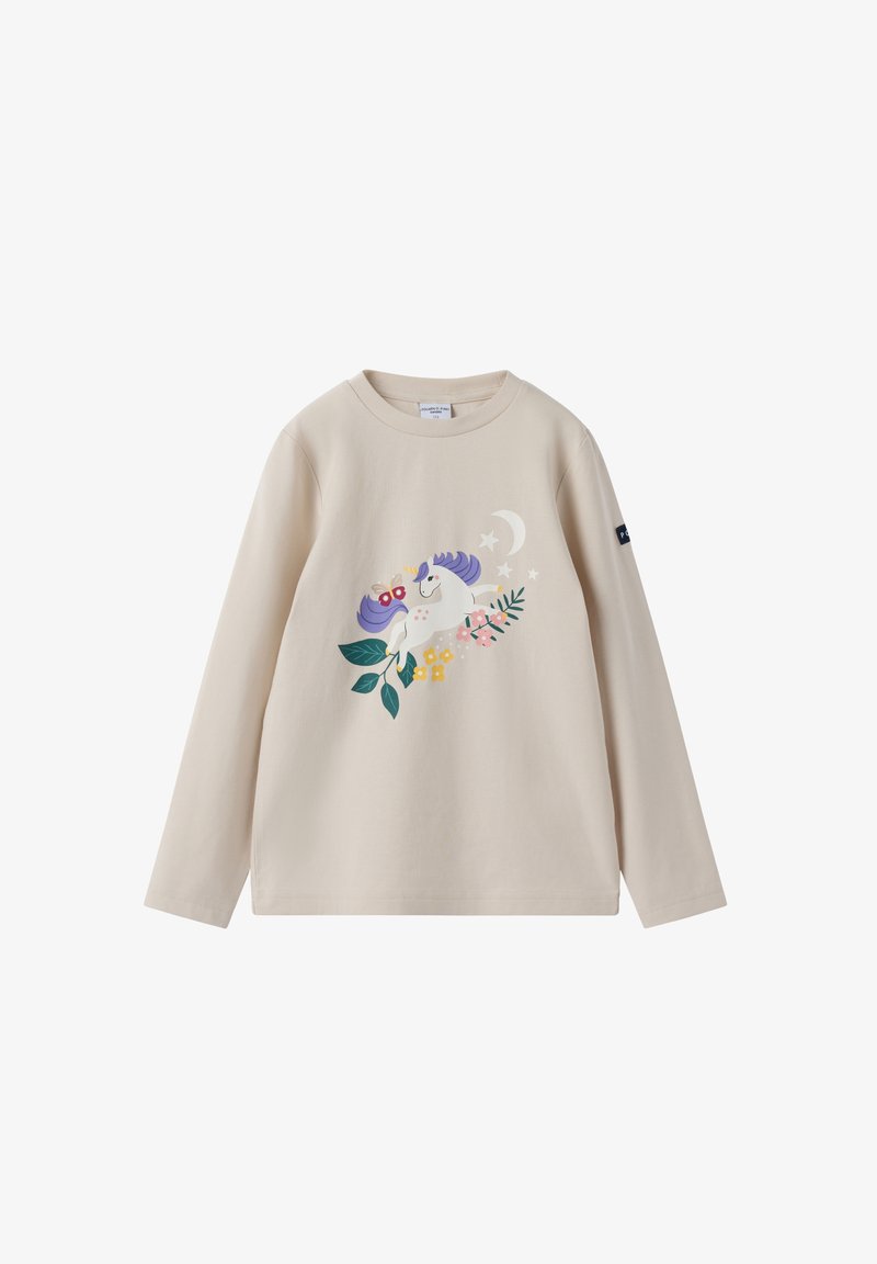 Beige shirt met lange mouwen met een afbeelding van een eenhoorn met een paarse manen, vlinders, bloemen, bladeren, sterren en een halve maan aan de voorkant.