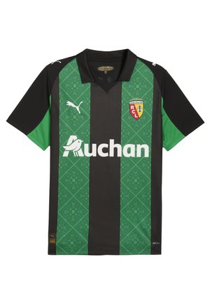 Svart och grön kortärmad tröja med geometriska mönster, utrustad med krage, Puma-logotyp och Auchan-märke på framsidan.