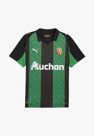 Tricou scurt cu mânecă, negru și verde, cu modele geometrice, având guler, logo-ul Puma și branding-ul Auchan pe față.
