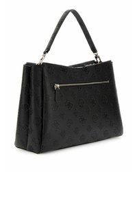 Sac à main en simili cuir noir avec un motif de logo embossé, forme rectangulaire, poignée simple et poche zippée à l'avant.