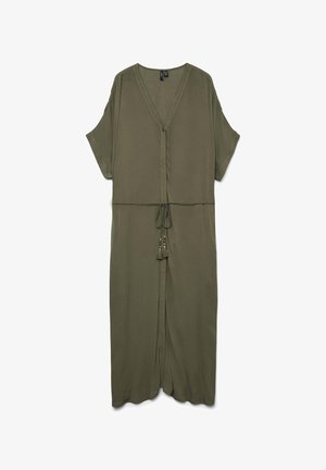 Olíva zöld, laza fazonú ruha rövid ujjakkal, V-nyakkal, elülső gombos záródással, állítható húzózsinórral a deréknál és bojtokkal.