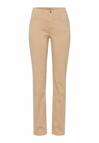 Pantalon beige en tissu doux, avec une coupe droite, des poches avant et une fermeture par bouton métallique. Détails de coutures minimaux.