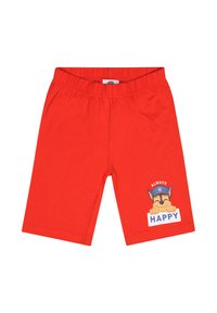 Rote Baumwollshorts mit einem elastischen Bund, versehen mit einem Cartoon-Hund-Graphic und dem Text "IMMER GLÜCKLICH" in Blau und Weiß am Unterschenkel.