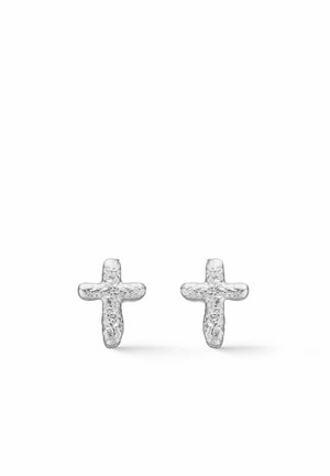 Silberne Kreuz-Ohrringe mit strukturierter Oberfläche und schlichtem Design. Jeder Ohrring hat eine kleine, einheitliche Form und eine polierte Oberfläche.