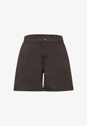 Schwarze knielange Shorts mit Gürtelschlaufen, Knopfverschluss vorne und maßgeschneiderter Naht auf weißem Hintergrund.