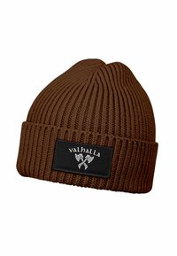 Brown knitted beanie with folded cuff and a black patch labeled "valhalla" featuring two crossed Viking axes.