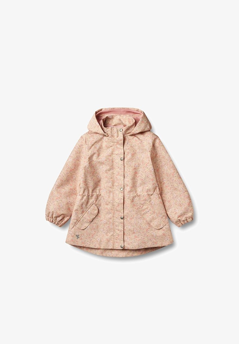 Vaippa sateenvarjo ruusukuvioidulla roosa värillä, jossa on huppu, joustavat hihansuut ja napit kauluksessa. Sisältää kaksi sivutaskua ja kireän vyötärömuotoilun.