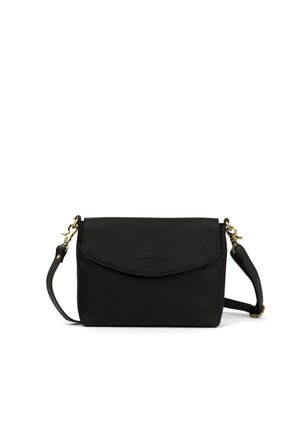 Black leather handbag with a structured shape, featuring a fold-over flap and adjustable shoulder strap. Gold hardware accents noted.