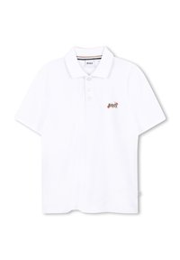 Witte poloshirt van katoen met een drieknoopsluiting en een klein gekleurd logo op de borst. Korte mouwen en ribbelkraag.