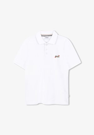 Polo shirt blanc en coton avec une patte de boutonnage à trois boutons et un petit logo coloré sur la poitrine. Manches courtes et col côtelé.