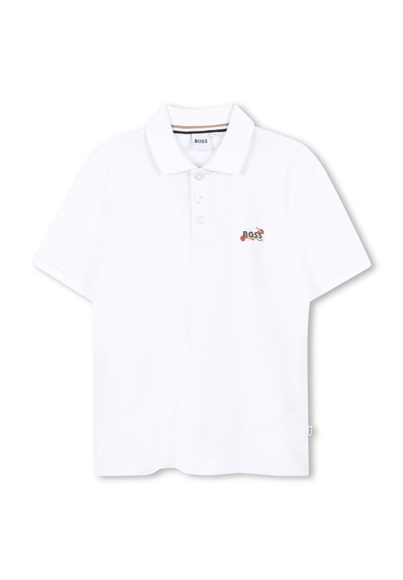 Witte poloshirt van katoen met een drieknoopsluiting en een klein gekleurd logo op de borst. Korte mouwen en ribbelkraag.