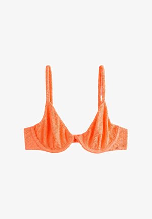 Orange tekstureret bikinitop med bøjle, justerbare skulderstropper og enkelt design på hvid baggrund.