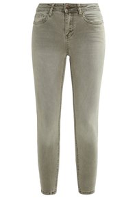 Jeans ajustados en un tono verde oliva claro, hechos de mezclilla. Presentan cinco bolsillos, trabillas para cinturón y una cremallera con cierre de botón.