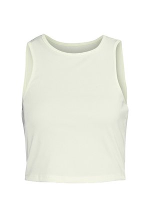 Top crop sem mangas em verde claro, feito de tecido canelado; apresenta um decote redondo e uma silhueta ajustada.