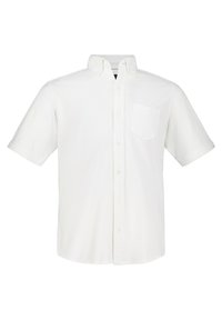Camisa blanca de manga corta con botones, cuello y un bolsillo en el pecho. Fabricada con tela ligera, cuenta con una textura suave y un corte regular.