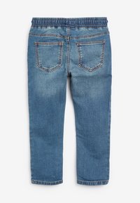Pantaloni din denim albastru cu talie elastică, având două buzunare la spate și un design clasic drept. Zonele decolorate accentuează textura.