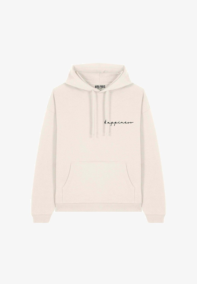 Felpa color beige chiaro realizzata in morbido cotone. Presenta una tasca frontale, maniche a costine e una scritta a mano "felicità" sul lato sinistro del petto.