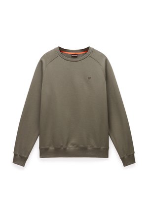 Sudadera verde oliva con cuello redondo y mangas raglán. Presenta puños y dobladillo acanalados, textura suave y un pequeño logo en el pecho.
