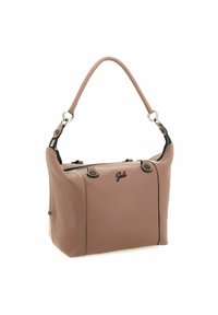 Borsa a spalla in pelle marrone con design strutturato, chiusura con zip superiore, manico corto e rivetti circolari. Logo presente sul fronte.