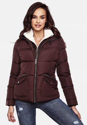 Burgundy puffer jacket with a white fleece-lined collar, front zipper, and two flap pockets. Textured, quilted design with ribbed cuffs.