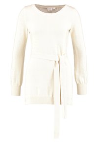 Cremefarbener, gestrickter Pullover mit rundem Ausschnitt, langen Puffärmeln und einem gebundenen Gürtel-Detail in der Taille. Gerippte Bündchen und Saum.