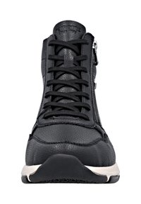 Black leather high-top sneaker with laces and side zipper, featuring textured upper and rubber sole. Smooth accents at the toe and heel.