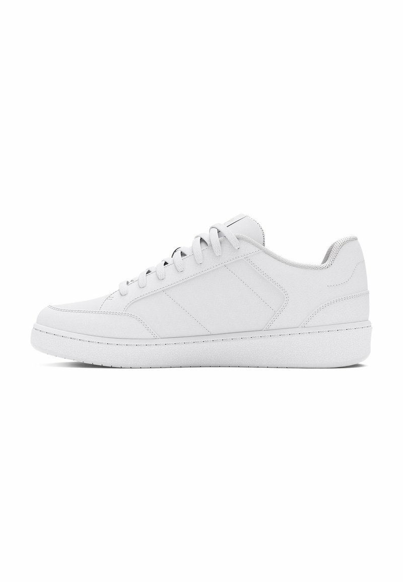 White sneakers made of smooth leather with a low-top design. Features include round laces, minimal branding, and a textured sole.