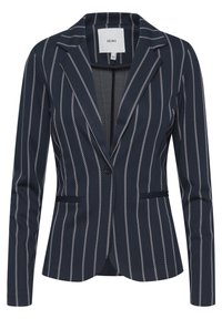 Blazer bleu marine ajusté avec un motif de rayures verticales blanches en forme de cordage, fermeture à un bouton, col cranté et deux poches fendues à l'avant.