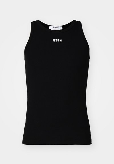 Débardeur noir avec texture côtelée, encolure ronde et logo "MSGM" en blanc sur le devant. Design sans manches. Tissu uni, sans motifs.