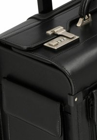 Black leather briefcase with a combination lock, metal hardware, smooth texture, side pockets, and a retractable handle.