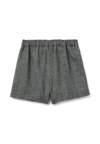 Pantalones cortos grises de espiga con una tela texturizada, que cuentan con una cintura elástica y un ajuste holgado. Sin bolsillos ni adornos.