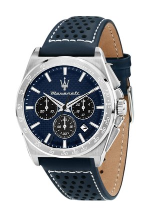 Herre chronograf armbåndsur med blå struktureret urskive, tre sorte undermålinger, tachymeter bezel, datovindue og perforeret mørkeblåt læderrem.