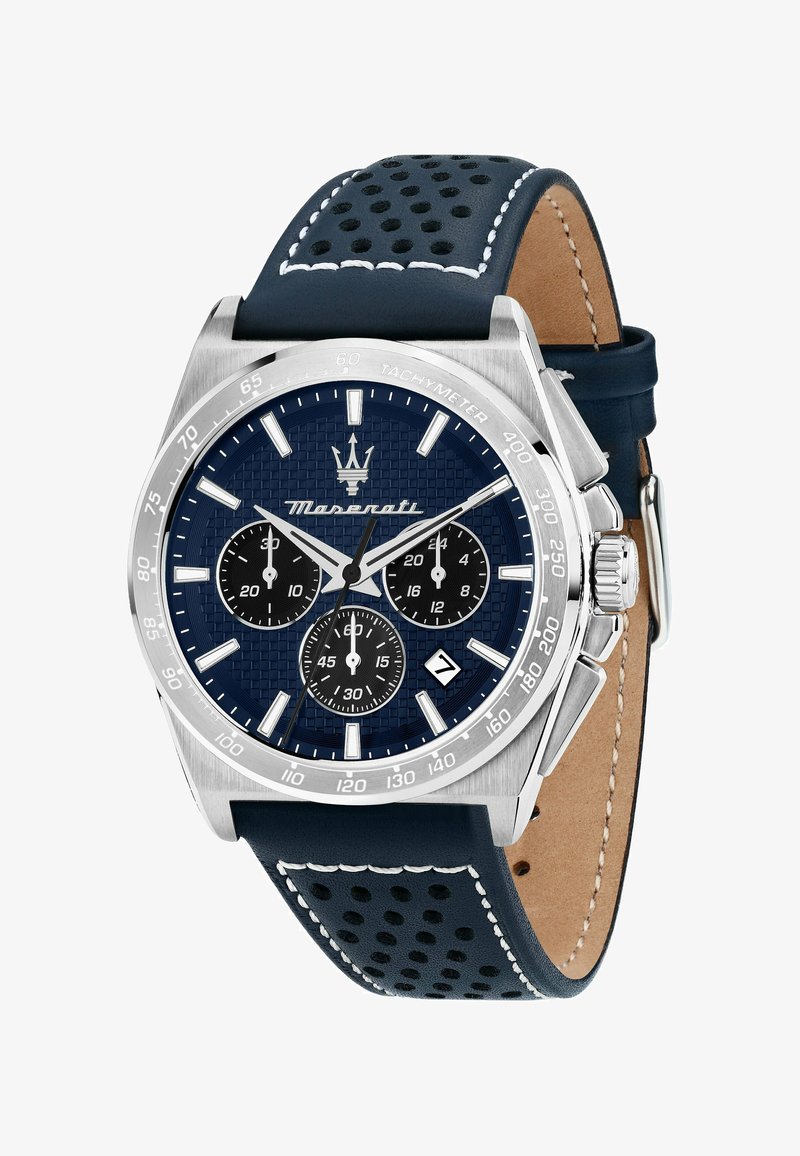 Herrarnas kronografarmband med blå texturerad urtavla, tre svarta underur, tachymeter- bezel, datumfönster och perforerat mörkblått läderarmband.