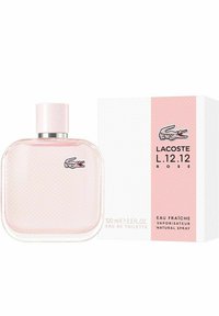 Lacoste L.12.12 Rose Eau de Toilette, 100 ml, sisältää neliönmuotoisen lasipullon, jossa on pehmeä vaaleanpunainen sävy ja teksturoitu pinta; se toimitetaan vaaleanpunaisessa ja valkoisessa laatikossa.