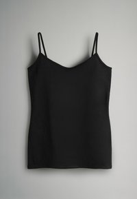Schwarzes Camisole-Oberteil aus glattem Stoff, mit dünnen Spaghettiträgern, einem V-Ausschnitt und einem schlichten Saum.