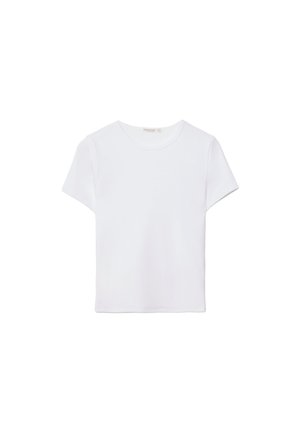 Bijela majica kratkih rukava izrađena od mekanog materijala. Ima okrugli izrez i jednostavan, čist dizajn s ravnim rubom.