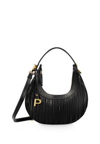 Zwarte leren handtas met geplooide textuur, ronde vorm en goudkleurige accenten. Heeft een afneembare schouderband en een 'P' charme accent.