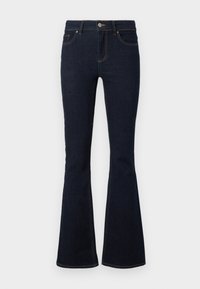 Jeans acampanados de color azul oscuro, confeccionados en denim, con una cintura ajustada, diseño clásico de cinco bolsillos y costuras contrastantes a lo largo de las costuras.