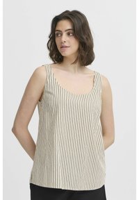 Ärmlös topp i beige med vertikala svarta ränder. Har en rundad halsringning och en avslappnad passform, tillverkad av lättviktsmaterial.