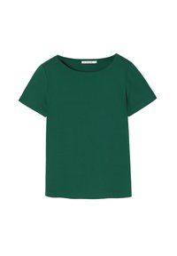 Grünes T-Shirt mit kurzen Ärmeln, aus weichem Stoff, mit rundem Halsausschnitt, geradem Schnitt und ohne sichtbare Muster oder Verzierungen.
