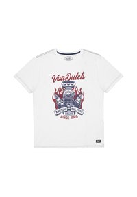 T-shirt en coton blanc avec un imprimé graphique représentant un moteur vintage, des flammes et du texte en rouge et bleu. Manches courtes, encolure arrondie.