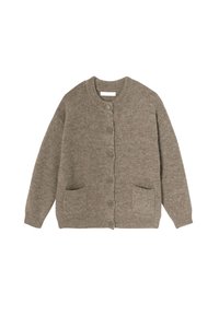 Cardigan en laine gris avec un col rond, des boutons à l'avant et deux poches. La texture est douce, avec un aspect légèrement flou.
