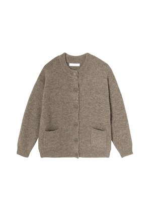 Cardigan en laine gris avec un col rond, des boutons à l'avant et deux poches. La texture est douce, avec un aspect légèrement flou.