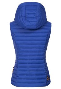 Blauwe gewatteerde bodywarmer met een capuchon, voorzien van een doorgestikt ontwerp en horizontale strepen. Inclusief twee bruine accentlabels op de taille.
